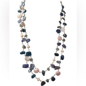 Multi-Strand Sterling Silver 925 Beaded Necklace Pearls & Blue/Green Gemstones